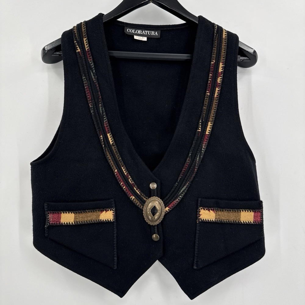 Coloratura Vest Womens M Black 100% Wool Southwestern Conchos Pockets USA - Picture 11 of 11